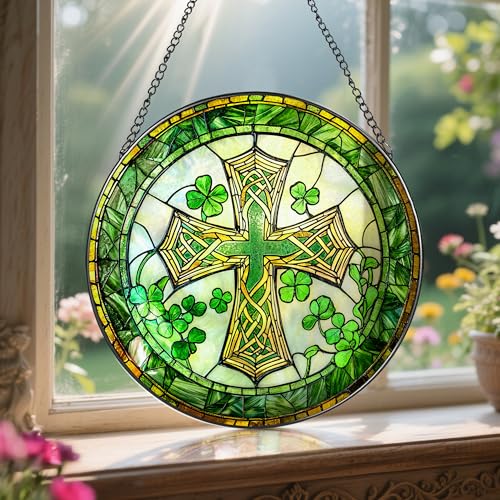 8'' St. Patrick's Day Cross Stained Glass Suncatcher Ornament