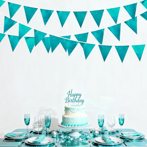 Teal Aqua Blue Triangle Pennant Banner Dark Metallic Fabric Flag Bunting Garland for Birthday Bridal Shower Graduation Wedding Holiday Retirement Mermaid Party Decorations Supplies
