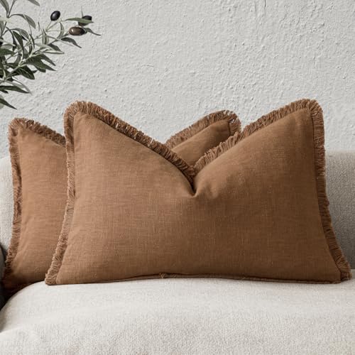 Boho Linen Fringe Lumbar Throw Pillow Covers 12×24 Orange Brown (2 Count)