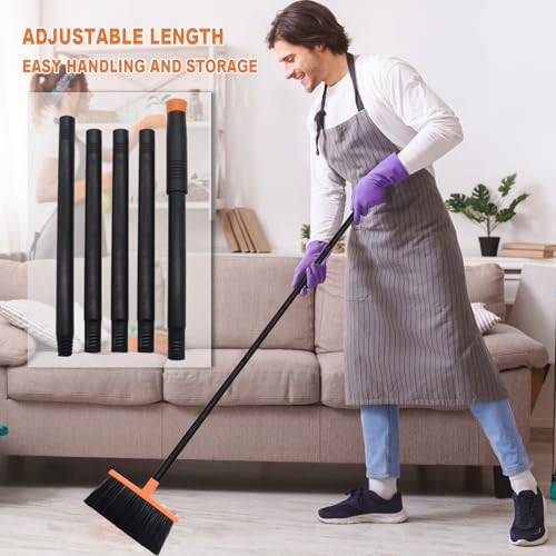Small Broom Stiff Bristles Brush with Long Handle Indoor or Outdoor Compact Broom for Sweeping Patio Garage Garden