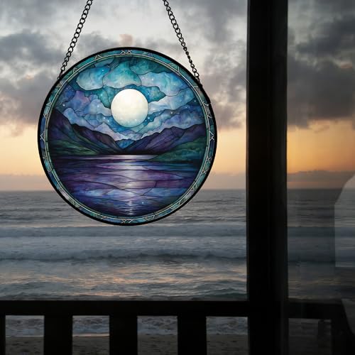Blue Moon Lake Stained Glass Window Hanging Suncatcher Gift for Women 15"