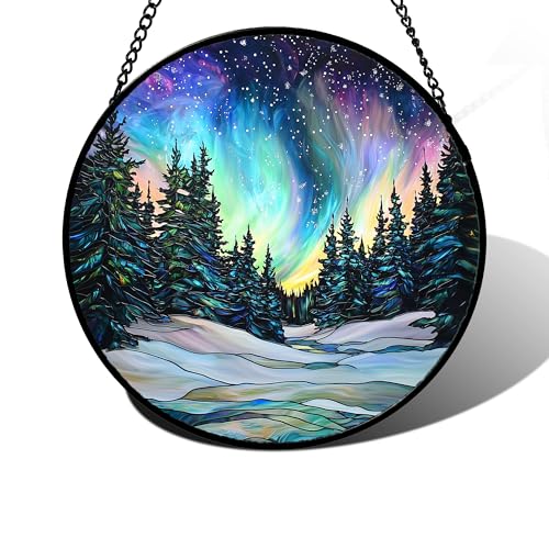 Aurora Landscape Stained Glass Window Hanging Suncatcher Xmas Gifts 7.8"