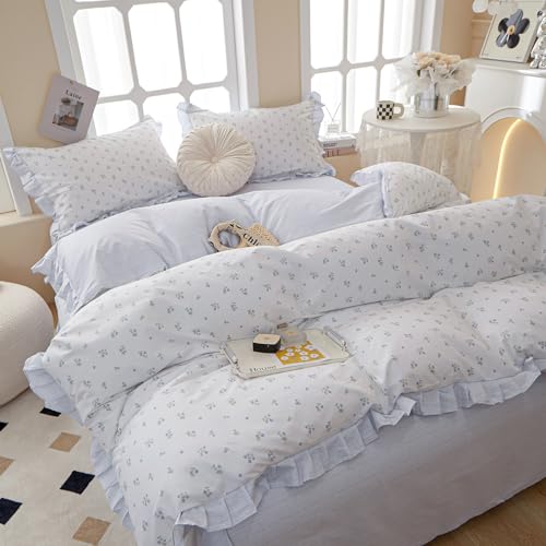 Blue Floral Comforter Set Twin XL Botanical Ruffle Bedding Comforter Fluffy Soft Aesthetic Coquette Bedding Set Girls Cottagecore Blue Flowers Comforter Set with 2 Pillowcases for All Seasons