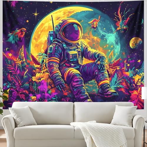 Blacklight Space Astronaut Tapestry UV Reactive Galaxy Planet Glow in Dark Tapestries Black Light Poster Neon Wall Hanging Art for bedroom Living Room