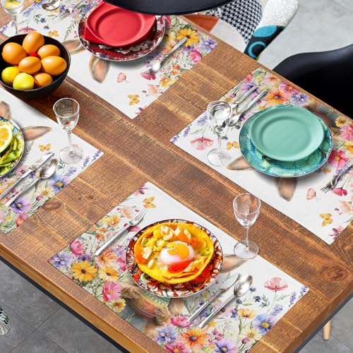 Easter Rabbit Placemats Set of 4 Spring Bunny Colorful Egg Wildflower Place Mat 12x18 Inch Seasonal Farmhouse Linen Fabric Table Mats for Kitchen Dining Outdoor Indoor Easter Party (4 Count)