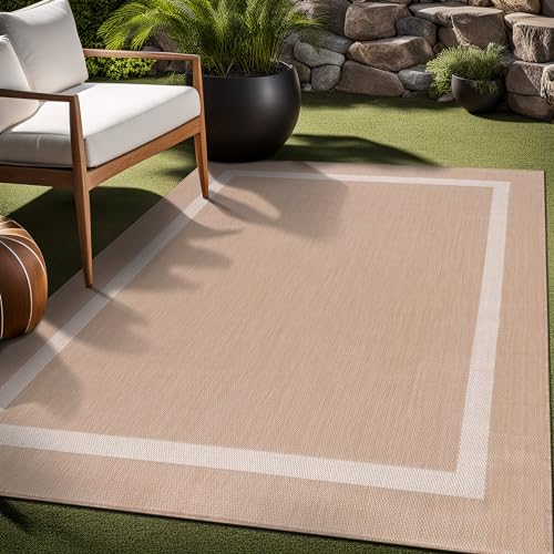 Bordered Outdoor Rug 8x10 Washable Outside Carpet for Indoor Patio Porch Waterproof Easy Cleaning Non Shedding Area Rugs Beige 8 x 10