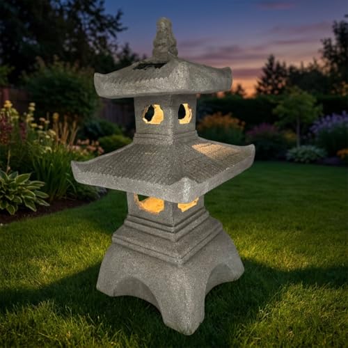 2 Tier Pagoda Garden Statue LED Solar Powered Light 26" Tall Outdoor Zen Garden Lantern Landscape Lawn Asian Pagoda Stupa Decor Grey Resin