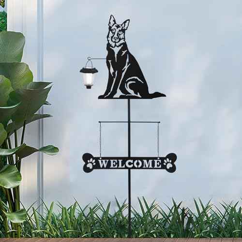 Solar German Shepherd Silhouette Dog Breed Welcome Sign with a Lantern