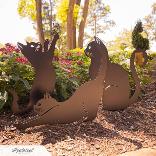 I 3 Pack Steel Cat Garden Decor I Outdoor Yard Decorations I Gift for Cat Lovers I Lawn Ornaments and Statues I Garden Signs Decorative Outdoor (3 Count)
