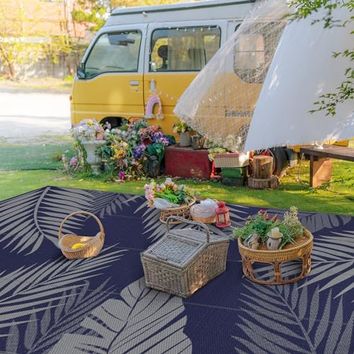 Outdoor Rug Waterproof Plastic Rugs 10'x14' for Camping Blue Grey
