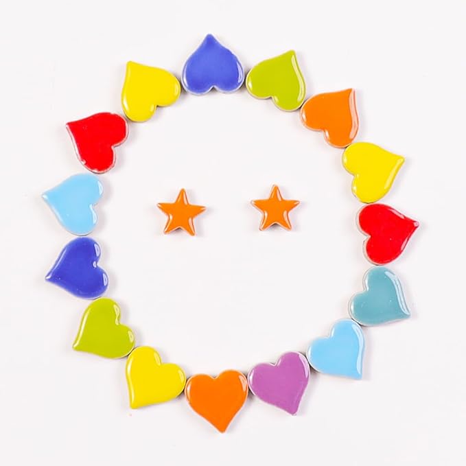 200g Ceramic Mosaic Tiles Pieces, Heart Star Oval Round Flower Shape Mosaics for Crafts Bulk,Student Adults Mosaic Kits Making (Heart Mix)