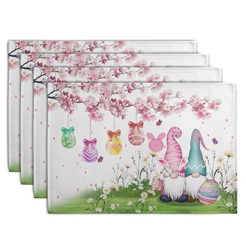 Easter Gnomes Bunny Placemats Set of 4 Easter Eggs Flowers Place Mat 12x18 Inch Seasonal Spring Farmhouse Washable Linen Table Mats for Party Kitchen Dining Outdoor Indoor Decor