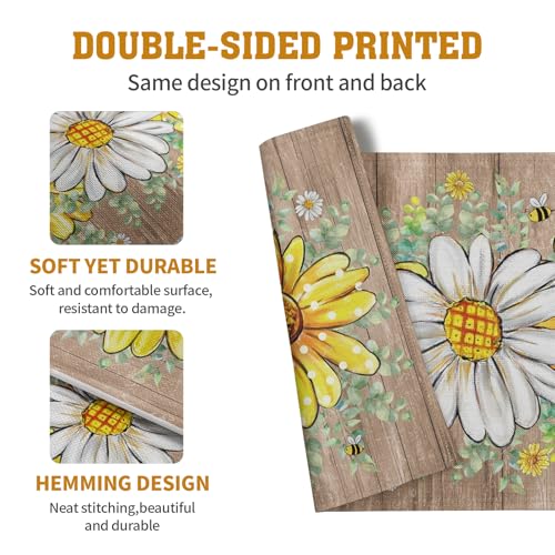 Spring Summer Floral Set of 4 Sunflower Daisy Eucalyptus Leaf Wooden Board Place Mats 12x18 Inch Rustic Vintage Flowers Farmhouse Table Mats for Home Kitchen Dining Decoration (4 Count)