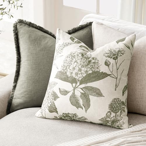 Set of 2 Linen Floral Vintage Throw Pillow Covers Neutral Accent Print Decorative Cushion Covers Farmhouse Home Decor for Sofa Chair Couch Bedroom Living Room (2 Count)