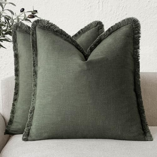 Decorative Linen Fringe Throw Pillow Covers 24×24 Dark Green (2 Count)