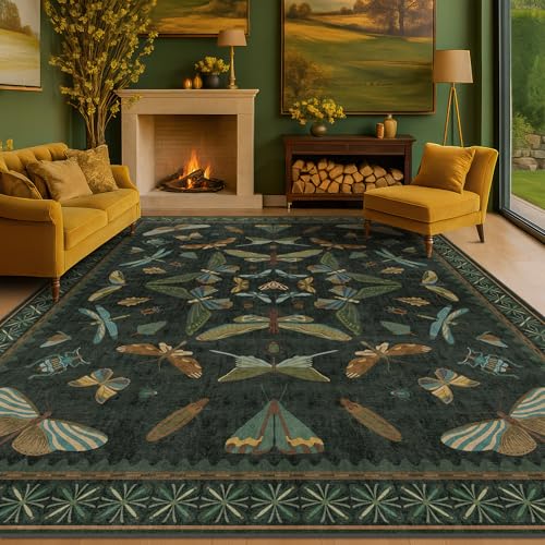 Dark Green Insect Area Rugs 8x10 for Living Room (80 Sq Ft)