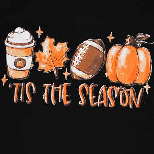 Pumpkin Maple Leaves Coffee Latte T Shirt Womens Fall Autumn Halloween Graphic Tees Long Sleeve V Neck Shirts Top for Holiday Black XXL