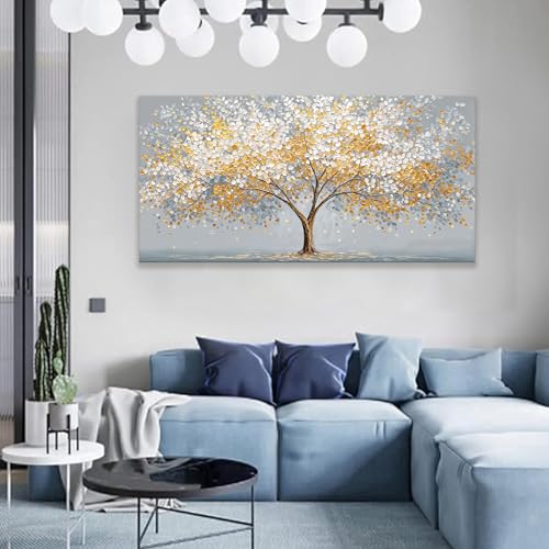 Large Canvas Wall Art Decor Gold Silver Tree of Life Canvas Art Wall Decor For Living Room Modern Botanical Nature Wall Art Prints Abstract Tree Canvas Art For Bedroom Home Office Decor 24"×48