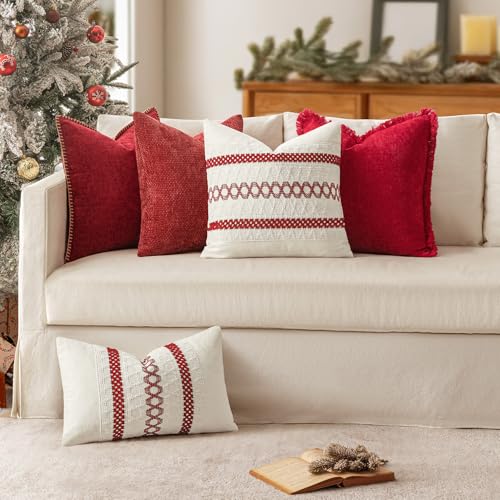 Set of 2 Christmas Red Boho Decorative Pillow Covers 18x18 Inch (2 Count)