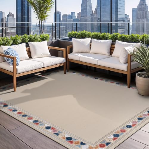 Outdoor Rug 4x6 Modern Bordered Area Rugs for Indoor and Outdoor Patio Easy to Clean Non Shedding Living Room Porch Garden Washable Outside Carpet