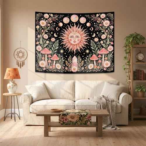 Boho Pink Sun Moon Phase Daisy Flower Mushroom Tapestry 48 x 36 Inch