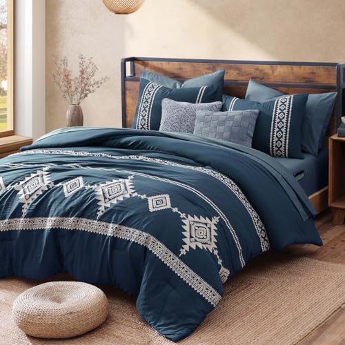 Embroidery King Size Comforter Set 7 Pieces Navy Blue Bed in a Bag