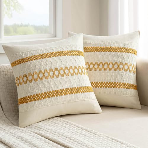 Set of 2 Mustard Yellow Boho Decorative Pillow Covers 18x18 Inch (2 Count)