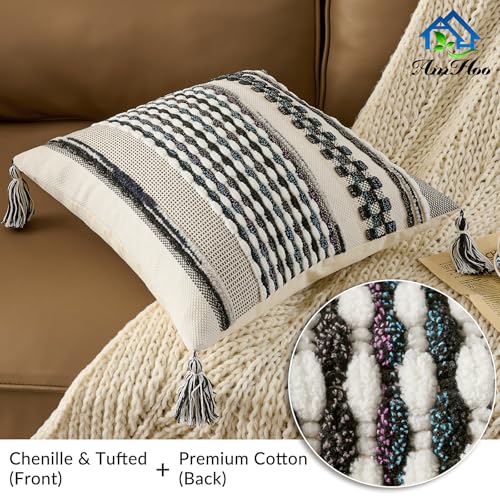 Set of 2 Chenille Striped Textured Boho Throw Pillow Covers Aesthetic with Tassels Woven Decorative Pillow Case for Couch Bed Sofa Bedroom Modern Funky 18 x 18 (2 Count)