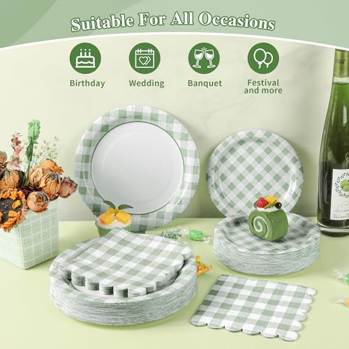 150Pcs Sage Green Gingham Party Supplies Green Gingham Paper Plates and Napkins Green Plaid Plates Disposable Greeny and White Plaid Party Decor for Birthday Family Picnic BBQ Party (150 Count)