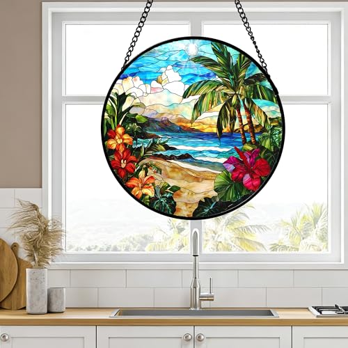 Tropical Hibiscus Beach Stained Glass Window Hanging Suncatcher Gifts 7.8"