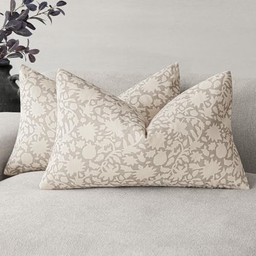 Set of 2 Decorative Neutral Floral Throw Pillow Covers Accent Farmhouse Cushion Covers Boho Lumbar Pillowcase for Couch Sofa Bedroom Living Room Home Decor (2 Count)