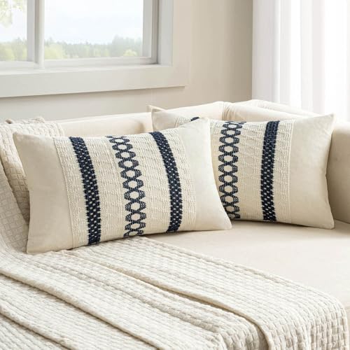 Set of 2 Navy Blue Boho Decorative Lumbar Pillow Covers 12x20 Inch (2 Count)