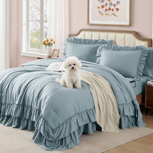 King Size Comforter Set Dusty Blue Ruffle 7 Pieces Farmhouse Bed in a Bag