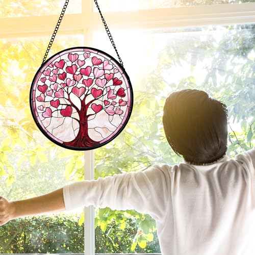 Pink Heart Tree Stained Glass Window Hanging Suncatcher Gifts Decor 6.3"