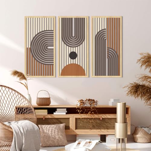 Mid Century Modern Decor 16x32 Inch Large Boho Wood Wall Art Abstract Wooden Wall Decor Minimalist Bohemian Orange Artwork for Living Room Bedroom Office Set of 3 (3 Count)