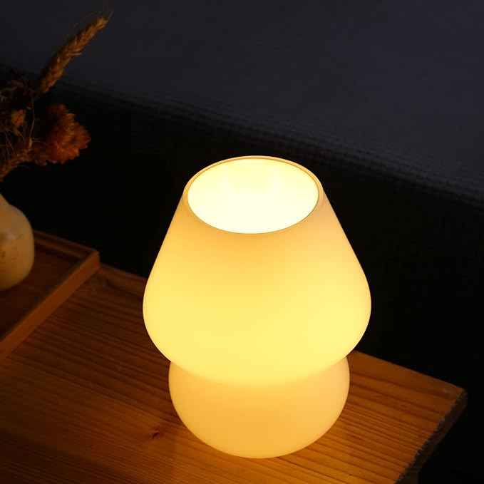 Mushroom lamp,Glass Mushroom Bedside Table Lamp Translucent Murano Vintage Style Striped Small Nightstand Desklamp Swirl Light for Home Decor, Dining, Living, Bedroom, Gift (Matte White)
