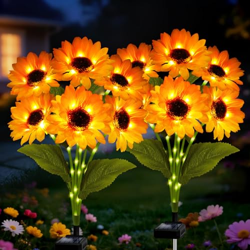 Solar Sunflower Lights 2 Pack with 12 Sunflower Solar Lights Outdoor Garden Decor Birthday Gift for Mom Women Grandma (12 Count)