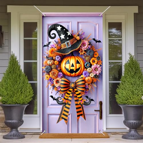 Halloween Witch Pumpkin Door Cover 35x71 Inch Fabric