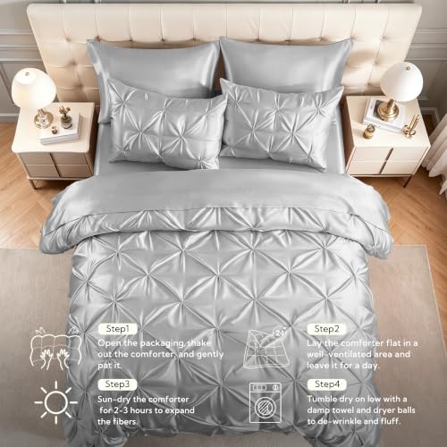 Satin Queen Comforter Set Silver Grey