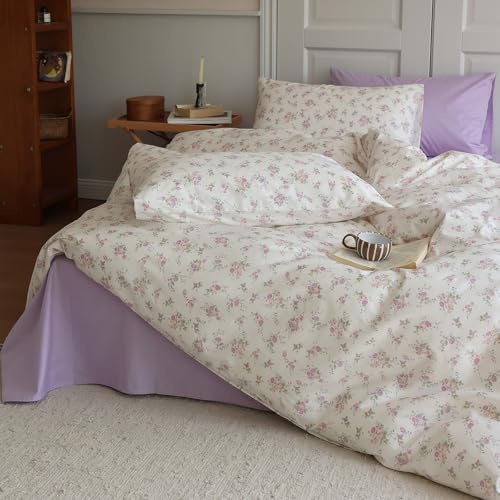Vintage Floral Comforter Set King 3 Pieces Boho Floral Bedding Comforter Fluffy Soft Botanical Flowers Comforter with 2 Pillowcases Cottagecore Bedding Set Pink Purple Flowers King Comforter Set (3 Piece Set)