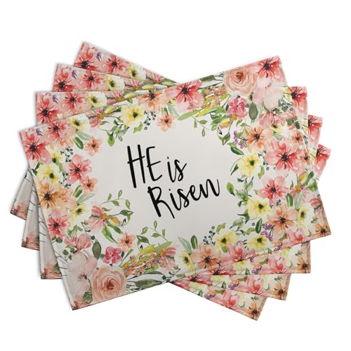 He is Risen Placemats Set of 4 Spring Easter Christian Cross Religious Flowers Kitchen Table Mats Seasonal Easter Holiday Linen Fabric Place Mat for Party Kitchen Dining Decoration