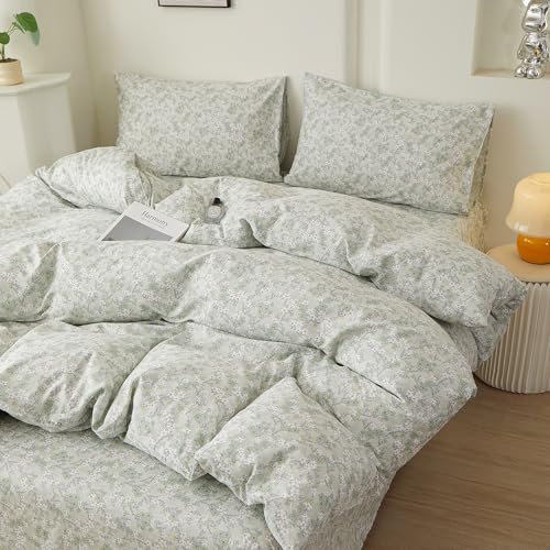 Green Floral Comforter Set Queen Cottagecore Botanical Bedding Set