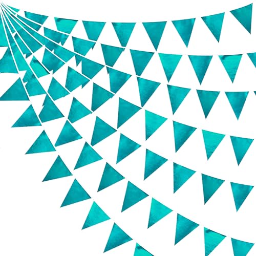Teal Aqua Blue Triangle Pennant Banner Dark Metallic Fabric Flag Bunting Garland for Birthday Bridal Shower Graduation Wedding Holiday Retirement Mermaid Party Decorations Supplies