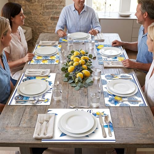 Blue and Yellow Lemons Placemats Set of 6 17×12 Inch Summer Lemon (6 Count)