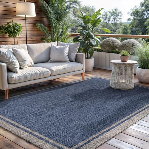 Outdoor Rug 5x7 Bordered Navy Blue Gray Modern Area Rugs for Indoor and Outdoor Patios (35 Sq Ft)