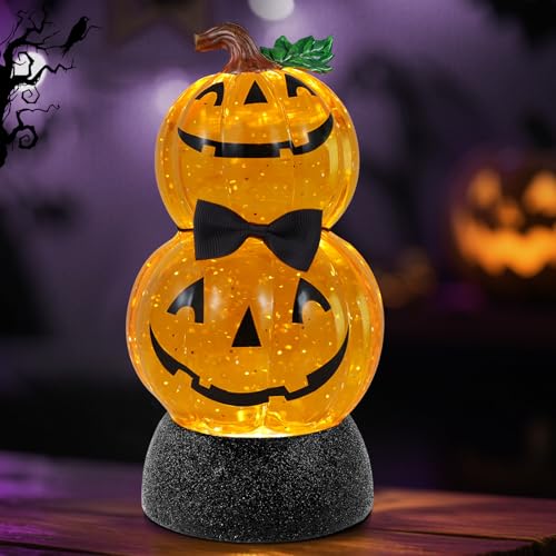 Halloween Snow Globe Lantern Lighted Pumpkin Musical Snow Globe Glitter with 6H Timer Battery and USB Operated Halloween Snow Globes Water Lantern for Spooky Festival Party Decoration