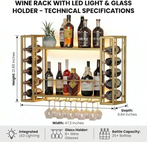 40" Wall Mounted Wine Rack with LED Lights & Wine Glass Rack