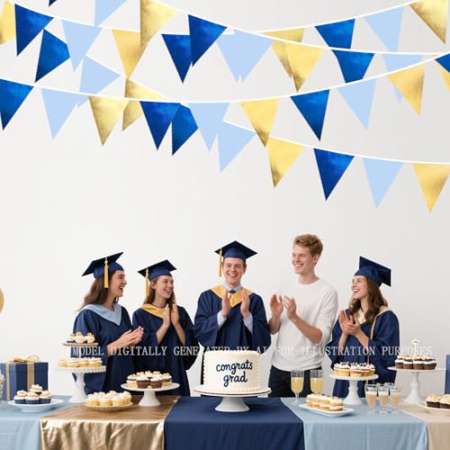 Gold Blue Party Decoration Gradient Blue and Gold Triangle Pennant Banner Flag Metallic Fabric Bunting Garland for Nautical Ahoy Achor Birthday Graduation Retirement Wedding Baby Shower Party Supplies (36 Count)