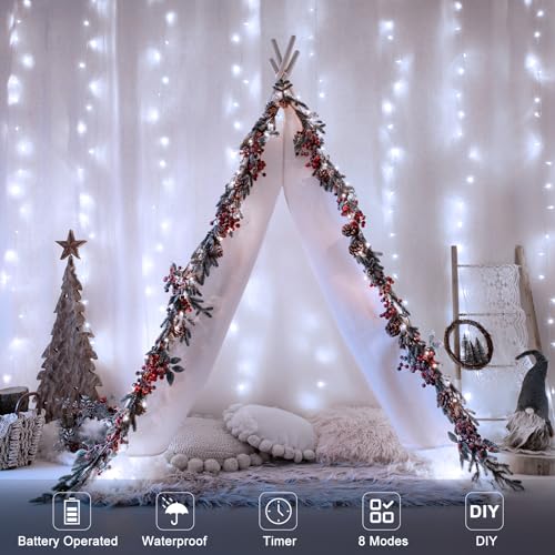 9.8Ft×9.8ft Curtain Lights Battery Operated with Remote Cool White (300 Count)