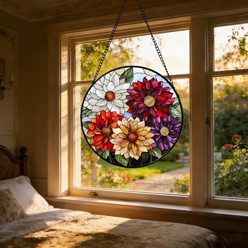 Stained Glass Window Hanging Color Dahlia Suncatcher Gifts for Women 7.8"